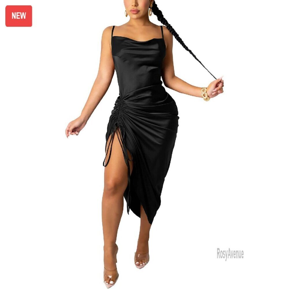 Satin Spaghetti Strap Dress Backless Ruched Split Hem Cocktail Party